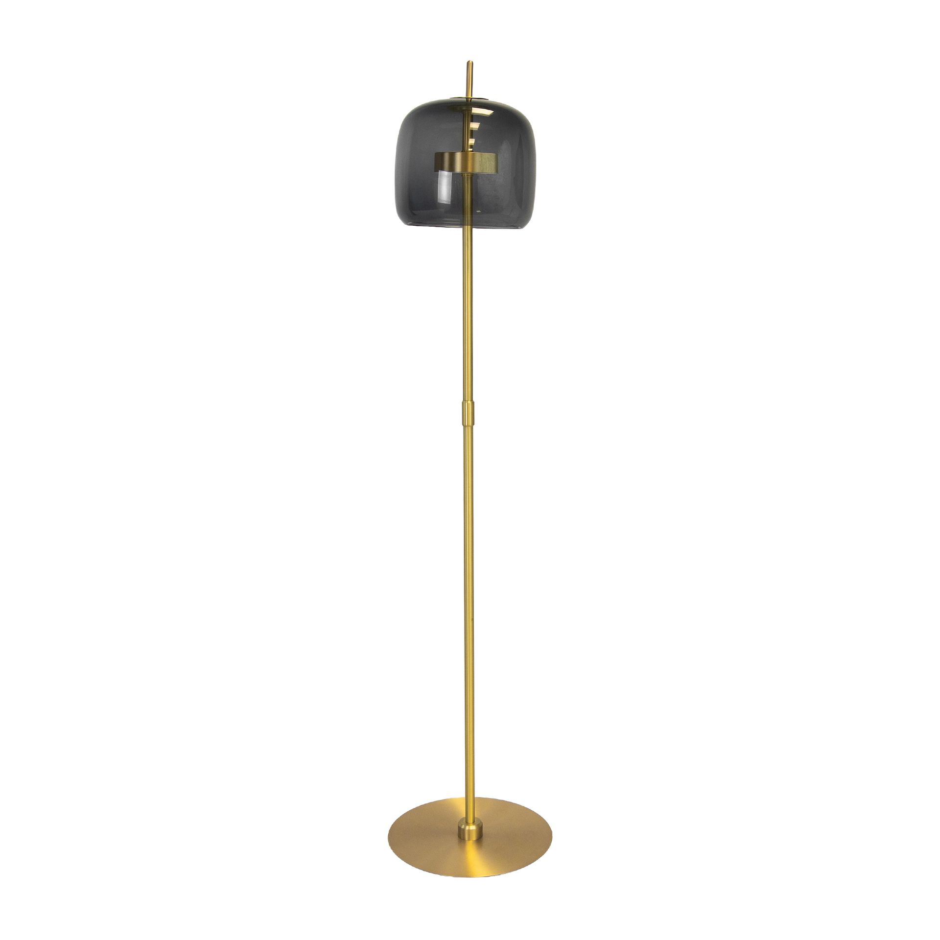 Black smoked glass and polished gold-coloured steel floor lamp Black smoked glass and polished gold-coloured steel floor lamp