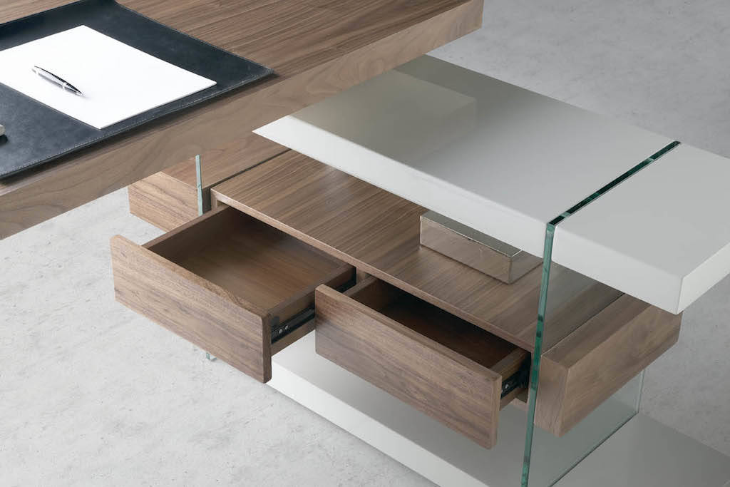 Walnut wood desk and tempered glass