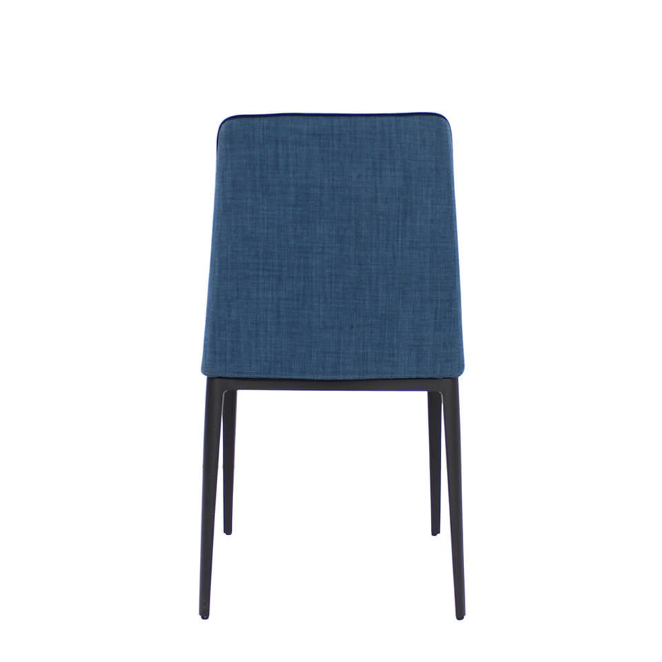 Chair upholstered in fabric and trim with black steel frame