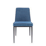 Chair upholstered in fabric and trim with black steel frame