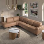 Модульный диван шезлонг с функцией релаксации, левый, из коричневой кожи