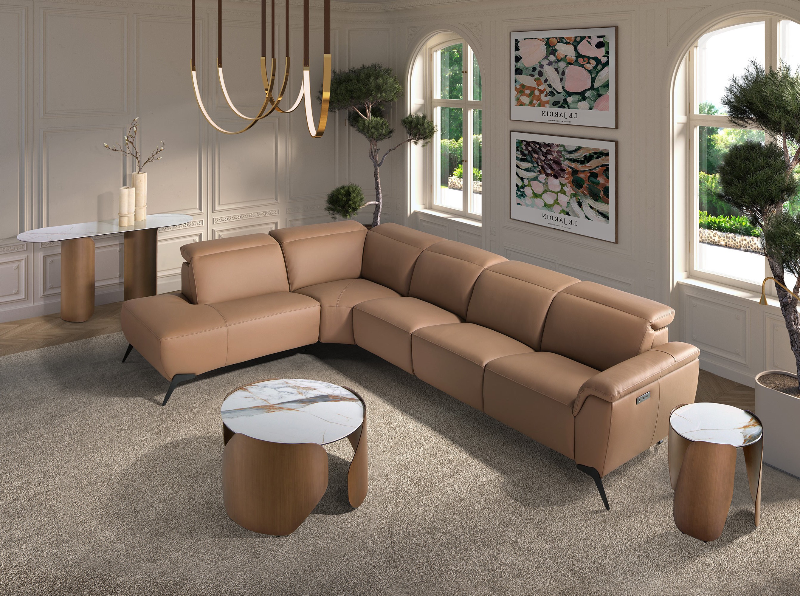 Модульный диван шезлонг с функцией релаксации, левый, из коричневой кожи Модульный диван шезлонг с функцией релаксации, левый, из коричневой кожи