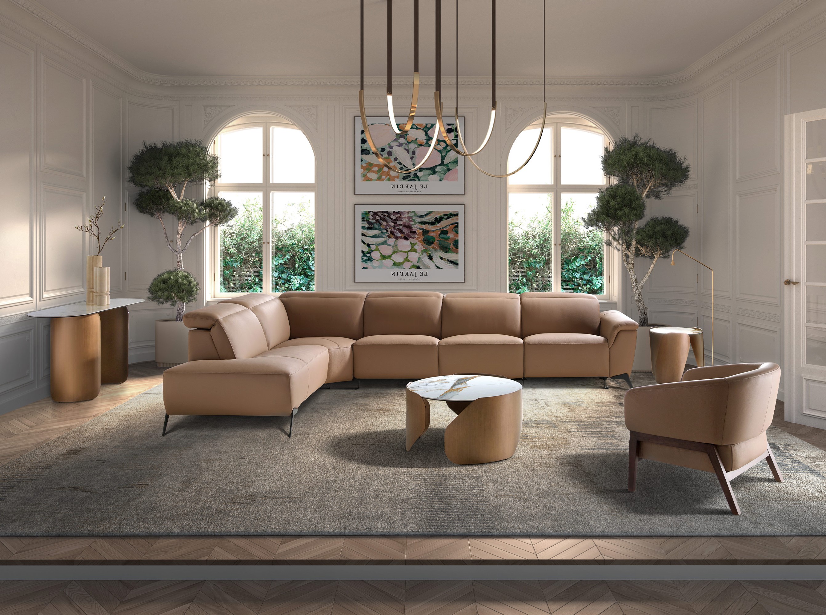 Модульный диван шезлонг с функцией релаксации, левый, из коричневой кожи Модульный диван шезлонг с функцией релаксации, левый, из коричневой кожи