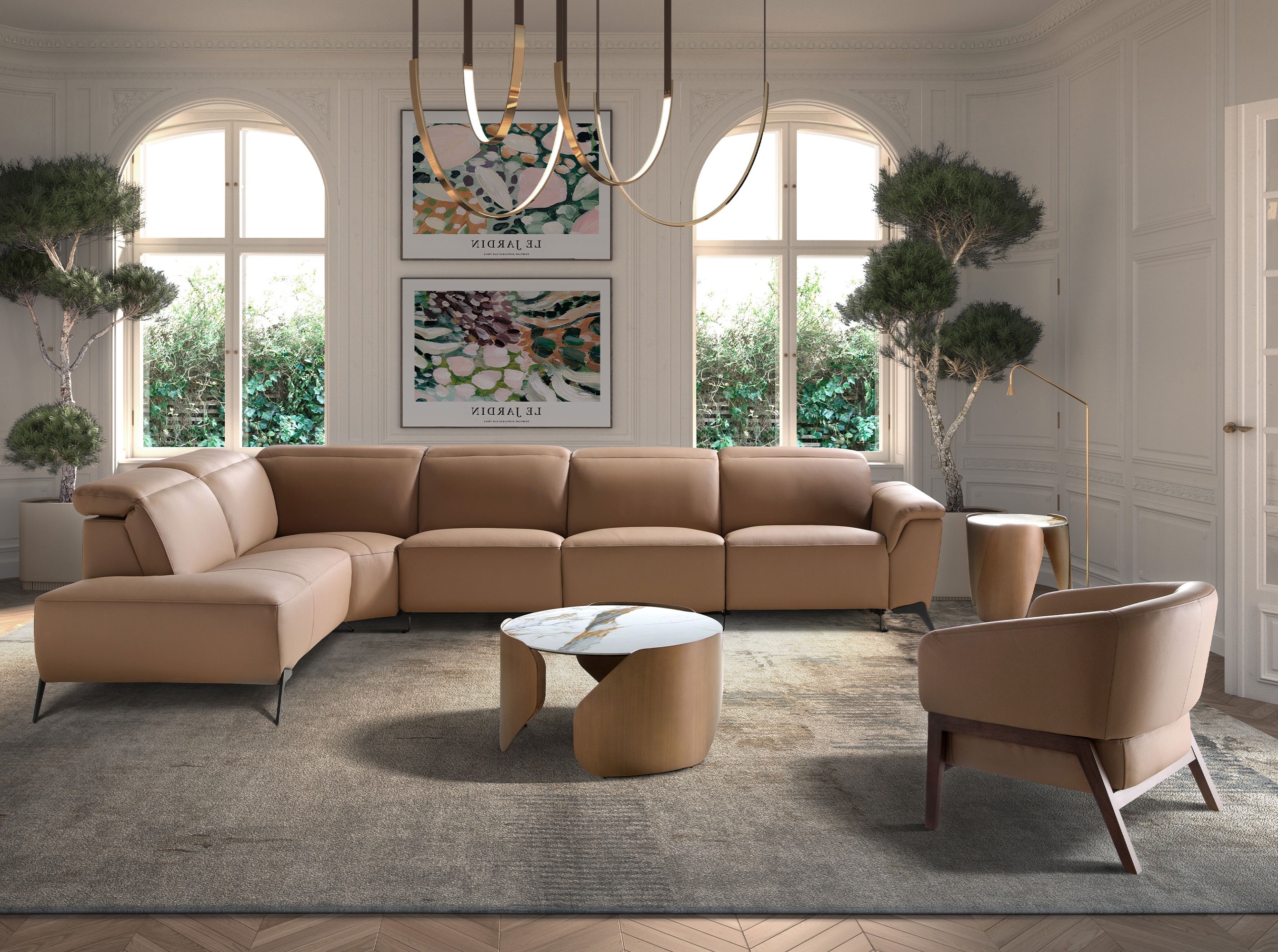 Модульный диван шезлонг с функцией релаксации, левый, из коричневой кожи Модульный диван шезлонг с функцией релаксации, левый, из коричневой кожи