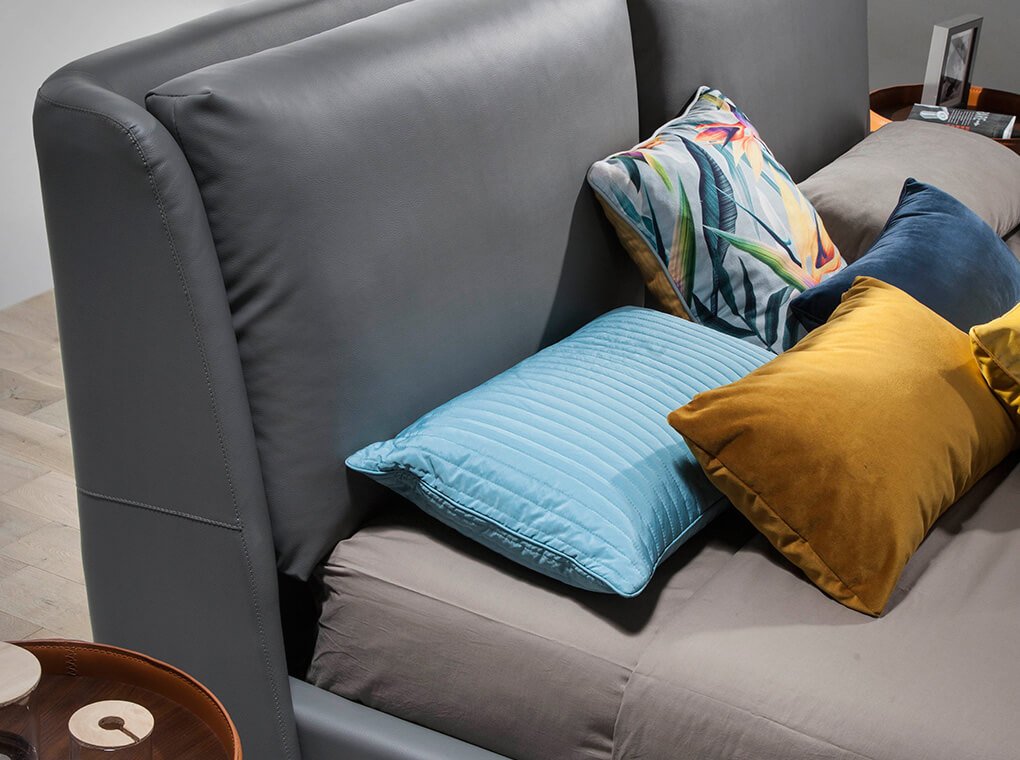 King size Bed upholstered with dark grey painted steel legs King size Bed upholstered with dark grey painted steel legs
