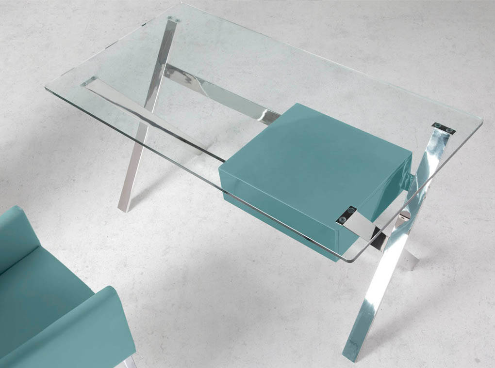 Office desk with tempered glass top and lacquered Mdf drawer. Stainless steel frame. Office desk with tempered glass top and lacquered Mdf drawer. Stainless steel frame.
