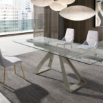 Rectangular extending dining table in tempered glass and taupe grey steel