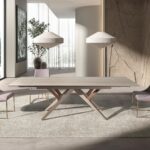 Rectangular extending dining table in porcelain marble, metallic sand steel and walnut