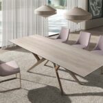 Rectangular extending dining table in porcelain marble, metallic sand steel and walnut
