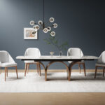 Mesa comedor extensible ovalada barril mármol porcelánico y acero efecto nogal