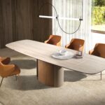 Rectangular extending dining table in porcelain marble, metallic sand steel and walnut
