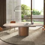 Rectangular extending dining table in porcelain marble, metallic sand steel and walnut