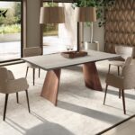 Rectangular extending dining table in porcelain marble and walnut effect steel