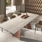 Rectangular extending dining table in porcelain marble and walnut effect steel