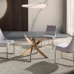 Mesa comedor rectangular cristal templado y acero rosa