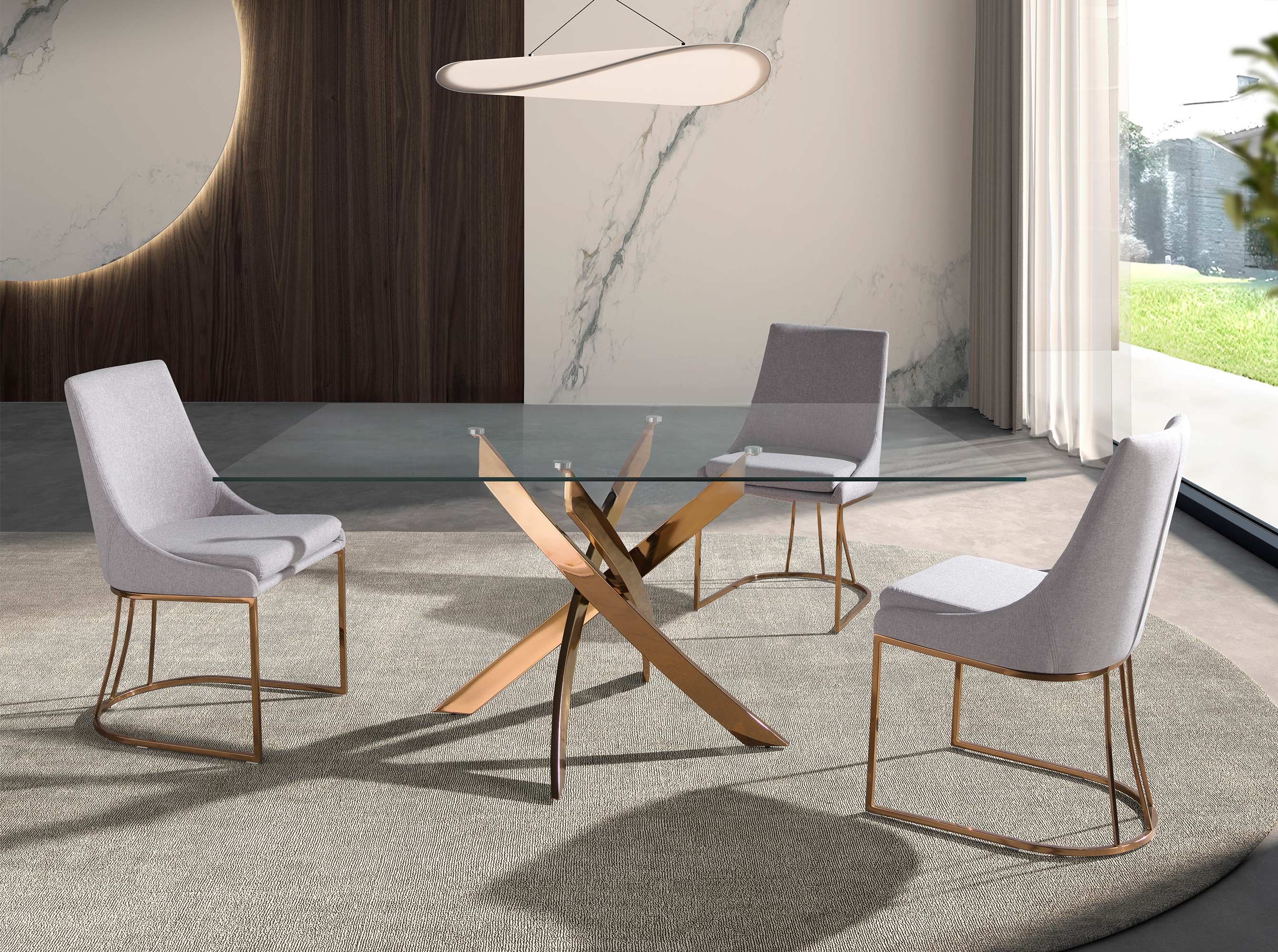 Mesa comedor rectangular cristal templado y acero rosa Mesa comedor rectangular cristal templado y acero rosa