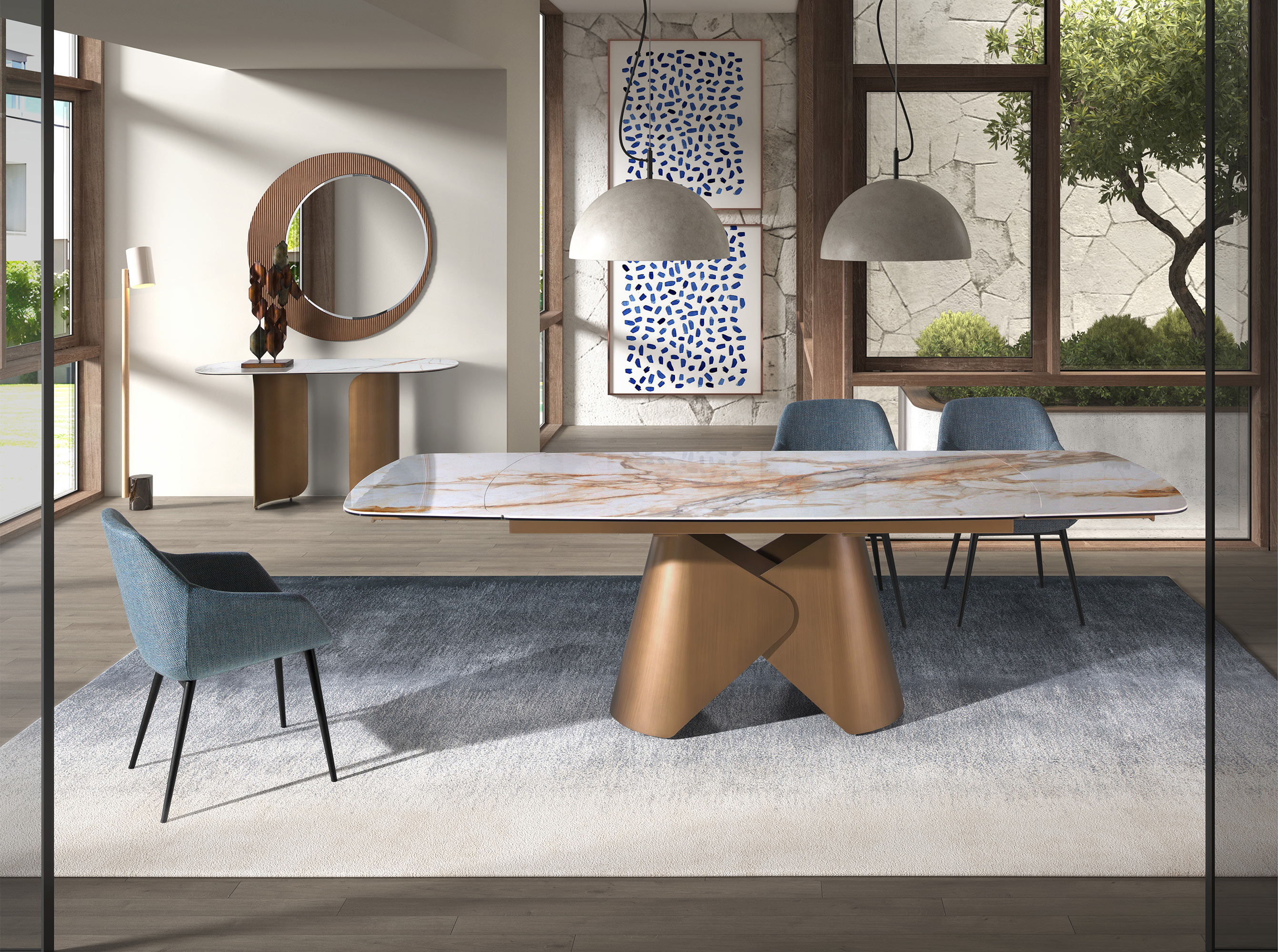 Mesa comedor extensible ovalada barril mármol porcelánico y acero color bronce Mesa comedor extensible ovalada barril mármol porcelánico y acero color bronce