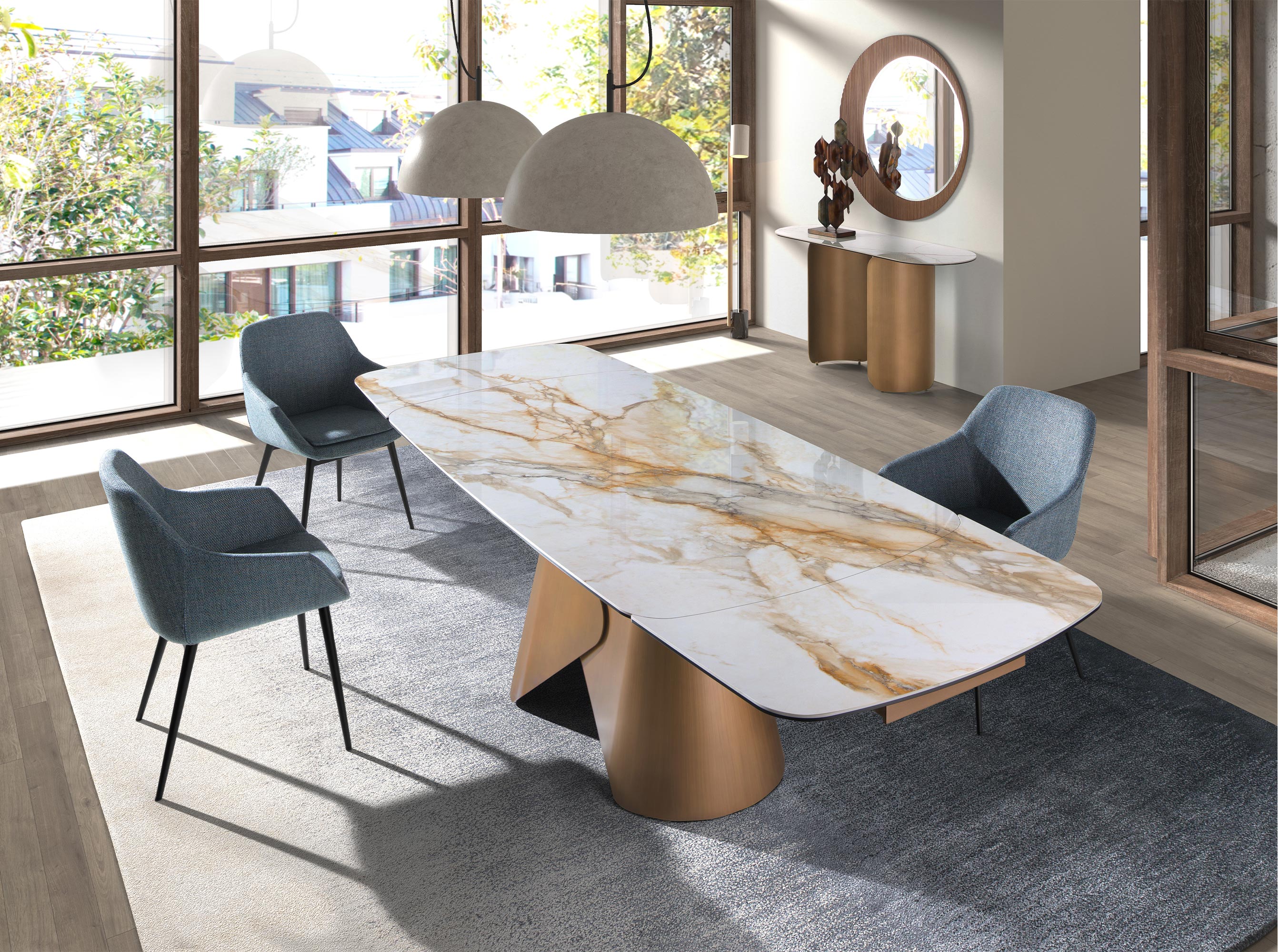 Mesa comedor extensible ovalada barril mármol porcelánico y acero color bronce Mesa comedor extensible ovalada barril mármol porcelánico y acero color bronce