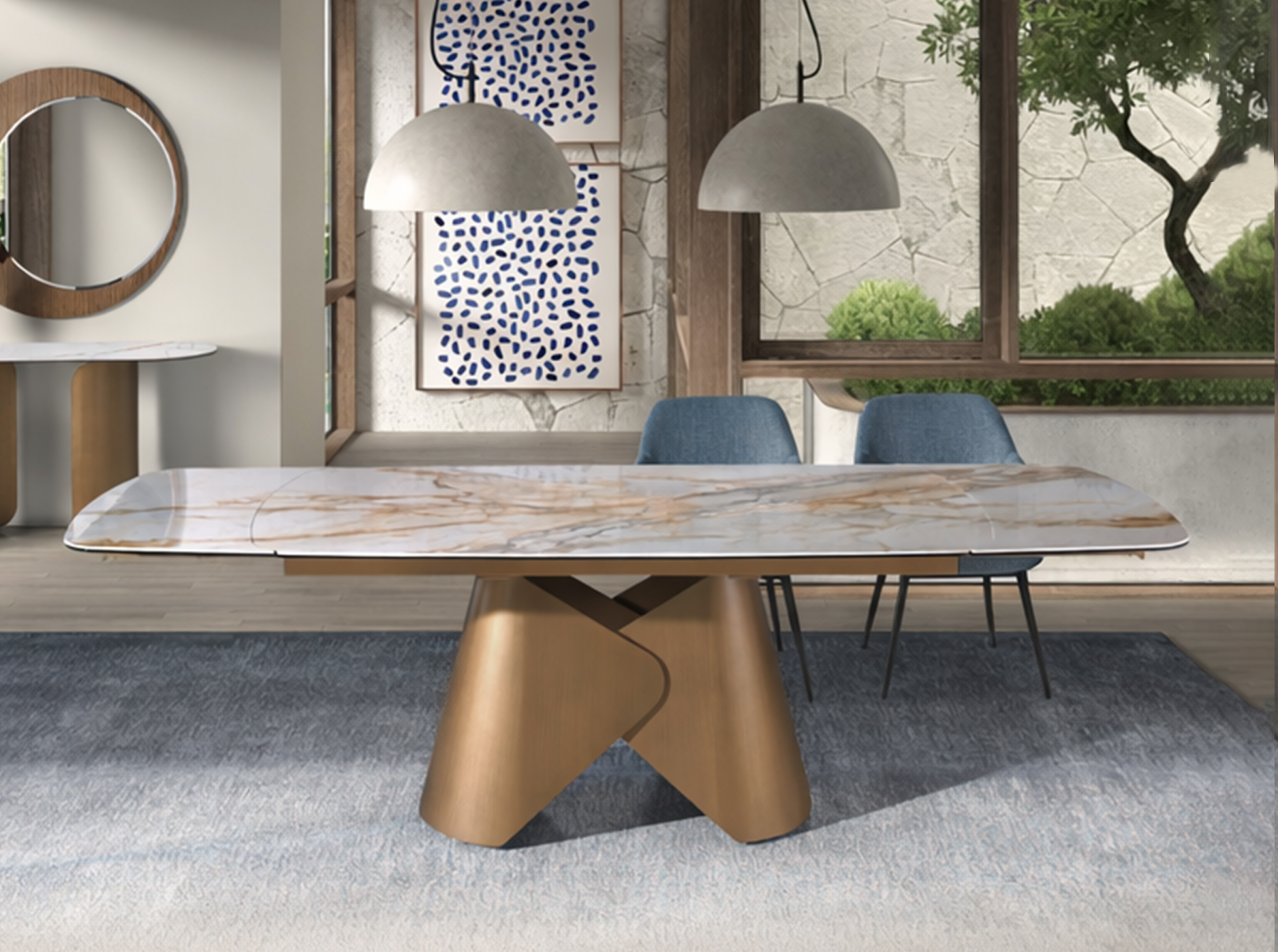 Mesa comedor extensible ovalada barril mármol porcelánico y acero color bronce Mesa comedor extensible ovalada barril mármol porcelánico y acero color bronce