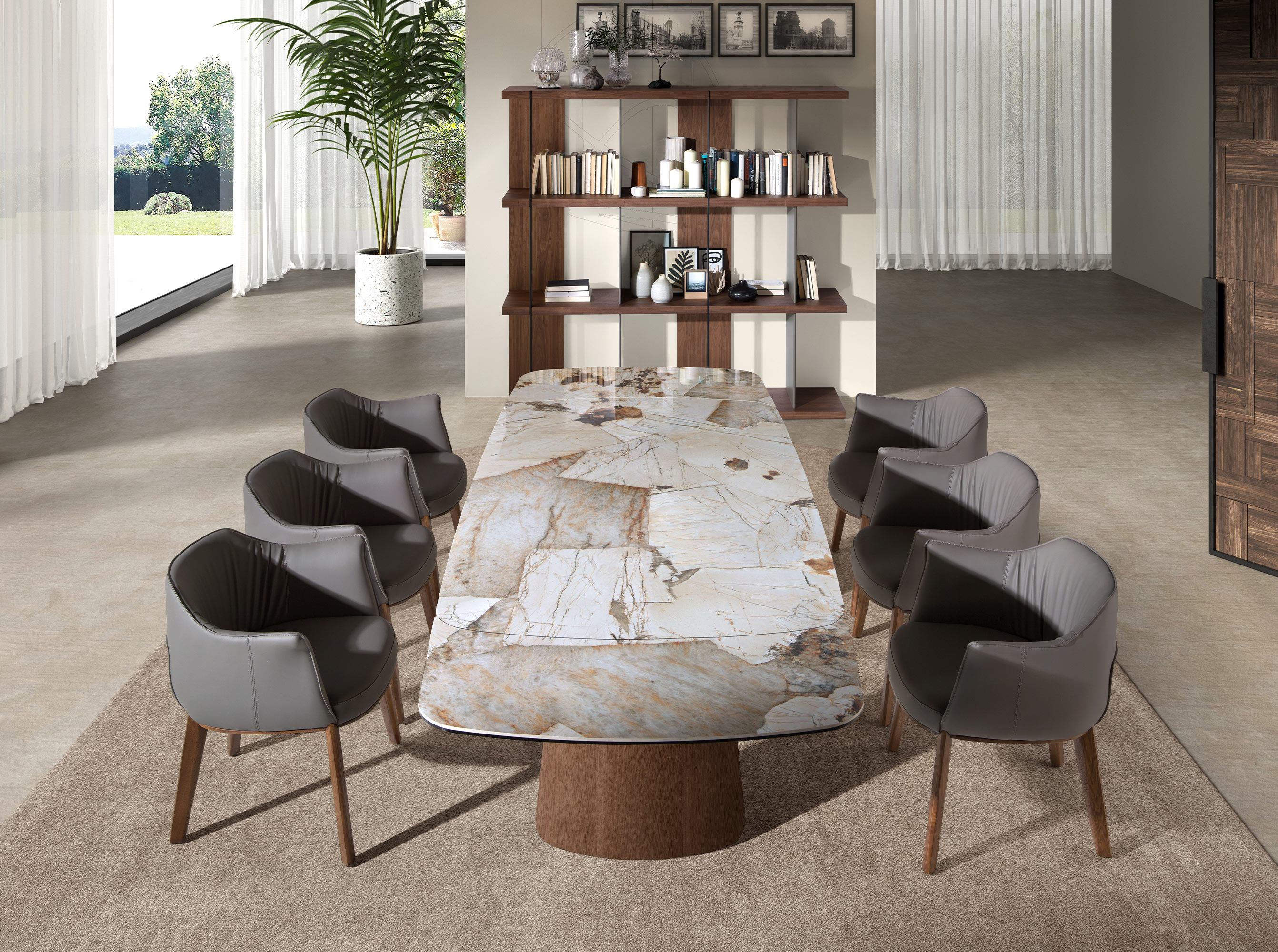 Mesa comedor extensible ovalada barril mármol porcelánico y nogal Mesa comedor extensible ovalada barril mármol porcelánico y nogal