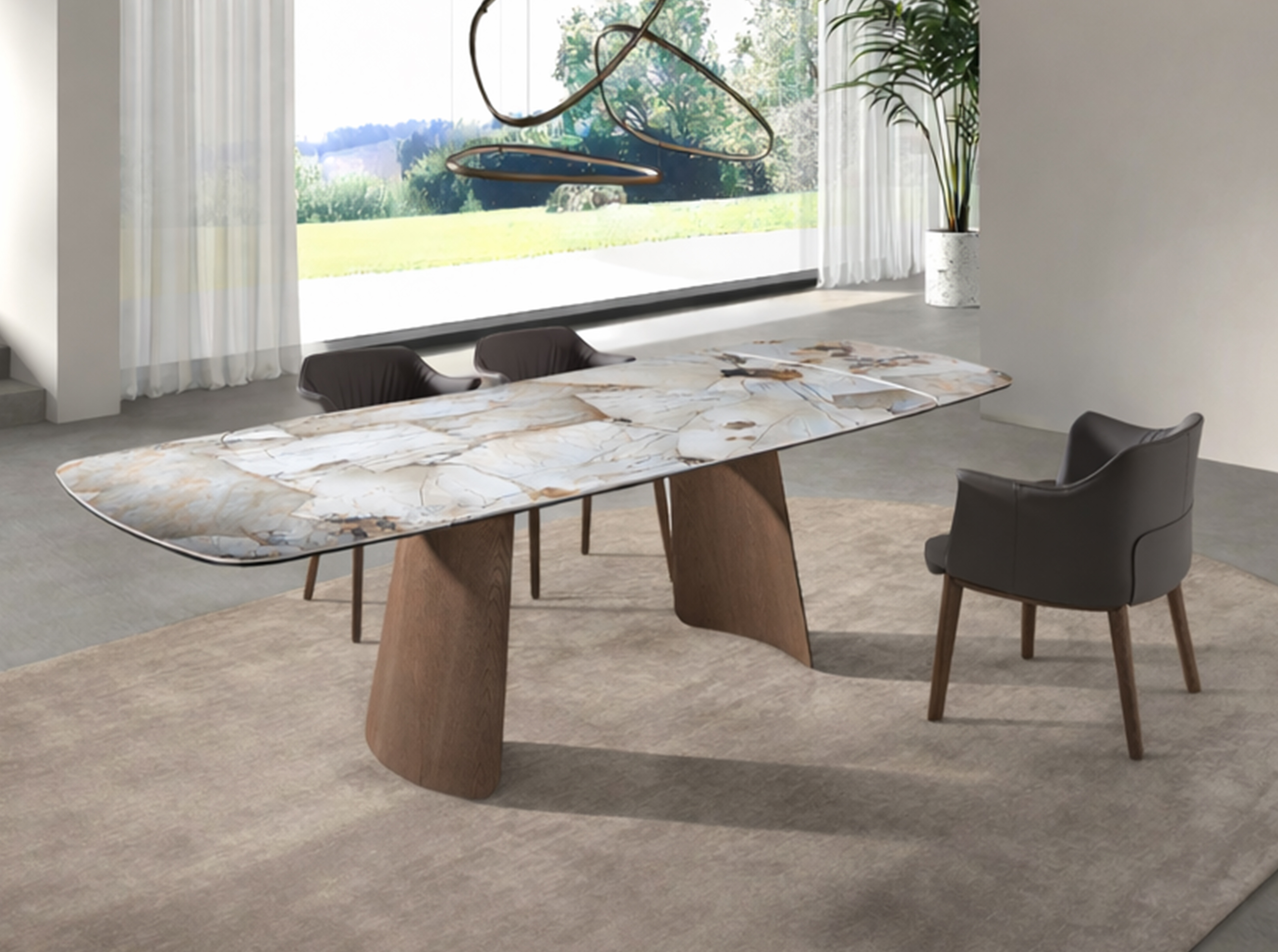 Mesa comedor extensible ovalada barril mármol porcelánico y nogal Mesa comedor extensible ovalada barril mármol porcelánico y nogal