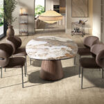 Table de salle à manger extensible ovale en forme de tonneau en marbre porcelanique et bois de noyer