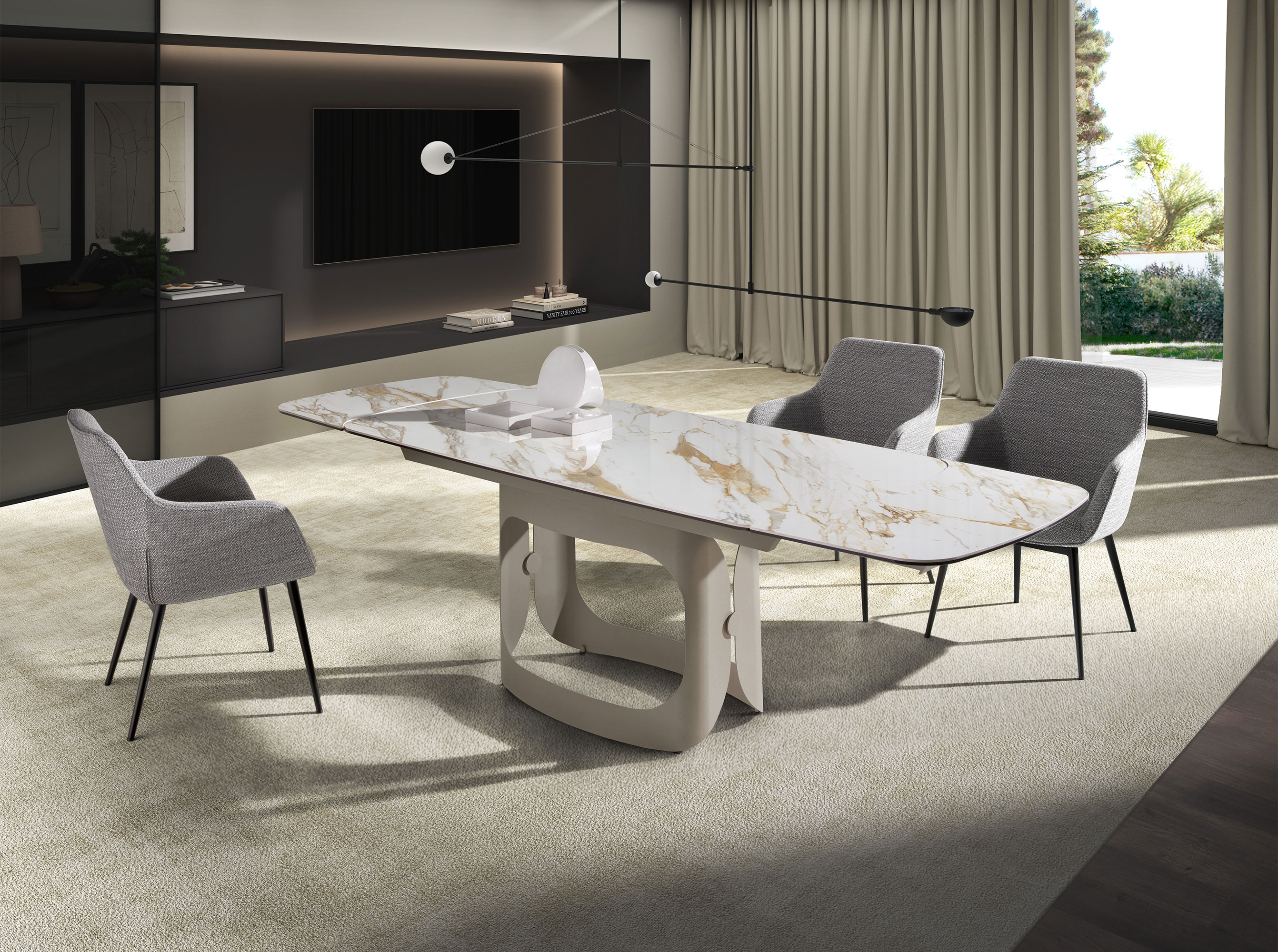 Mesa comedor extensible ovalada barril mármol porcelánico y acero arena metalizado Mesa comedor extensible ovalada barril mármol porcelánico y acero arena metalizado