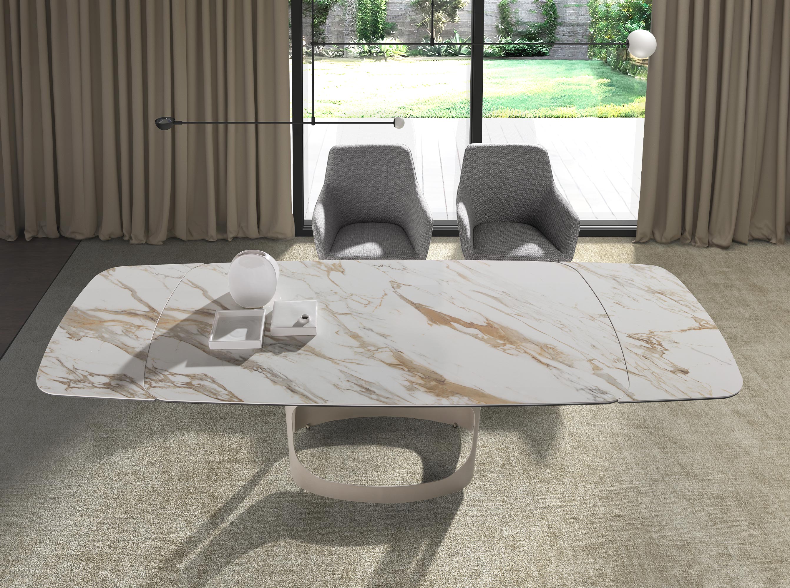 Mesa comedor extensible ovalada barril mármol porcelánico y acero arena metalizado Mesa comedor extensible ovalada barril mármol porcelánico y acero arena metalizado