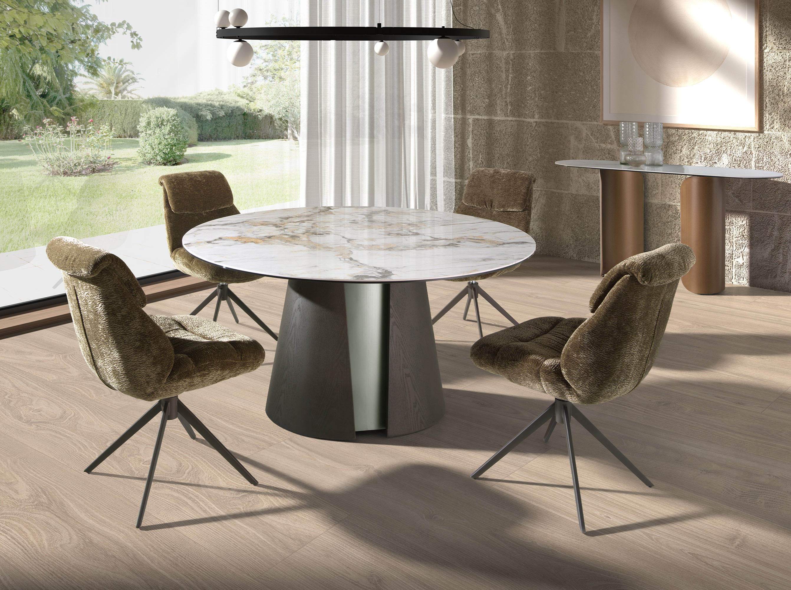 Mesa comedor redonda mármol porcelánico, roble ceniza oscuro y madera color plata Mesa comedor redonda mármol porcelánico, roble ceniza oscuro y madera color plata