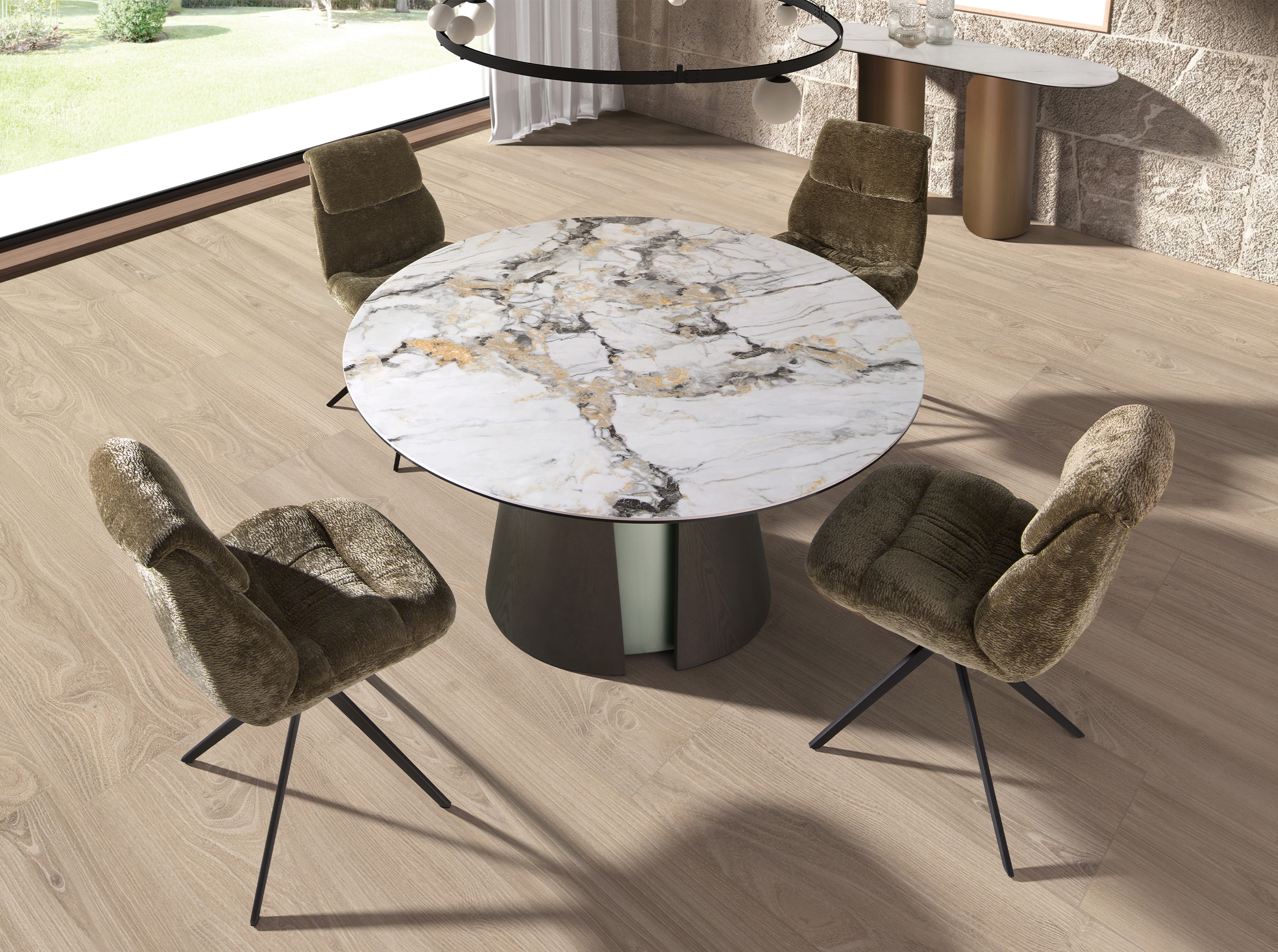 Mesa comedor redonda mármol porcelánico, roble ceniza oscuro y madera color plata Mesa comedor redonda mármol porcelánico, roble ceniza oscuro y madera color plata