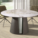 Mesa comedor redonda mármol porcelánico, roble ceniza oscuro y madera color plata