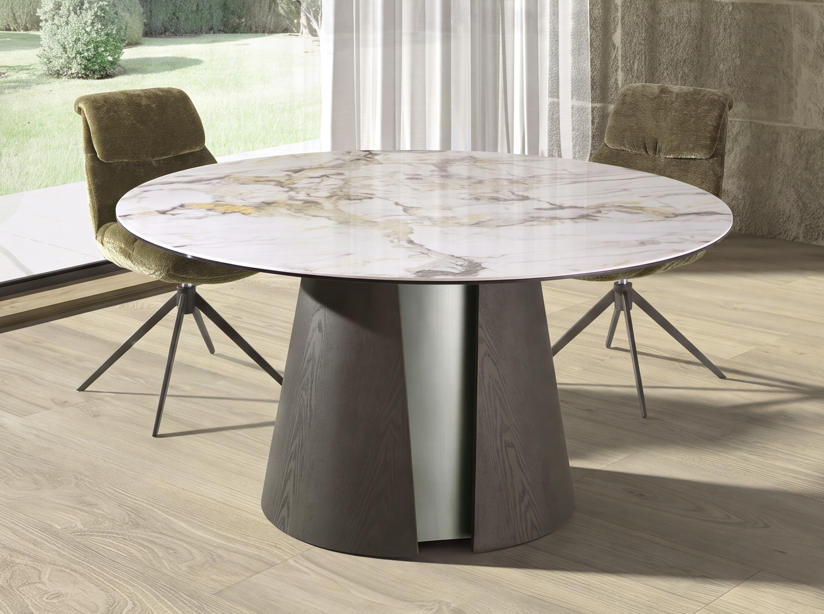 Mesa comedor redonda mármol porcelánico, roble ceniza oscuro y madera color plata Mesa comedor redonda mármol porcelánico, roble ceniza oscuro y madera color plata