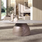 Mesa comedor ovalada mármol porcelánico y acero taupé metalizado