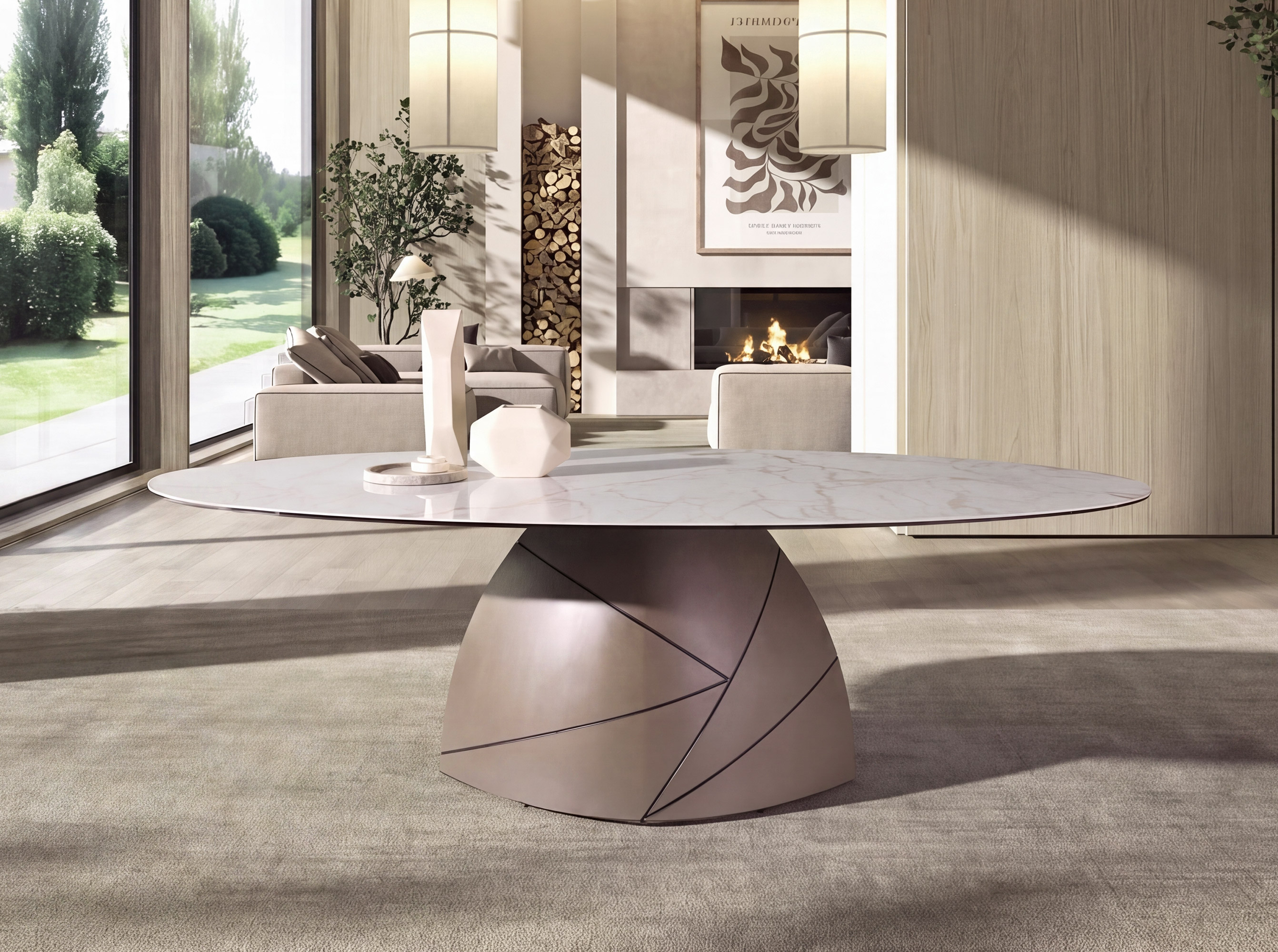 Mesa comedor ovalada mármol porcelánico y acero taupé metalizado Mesa comedor ovalada mármol porcelánico y acero taupé metalizado