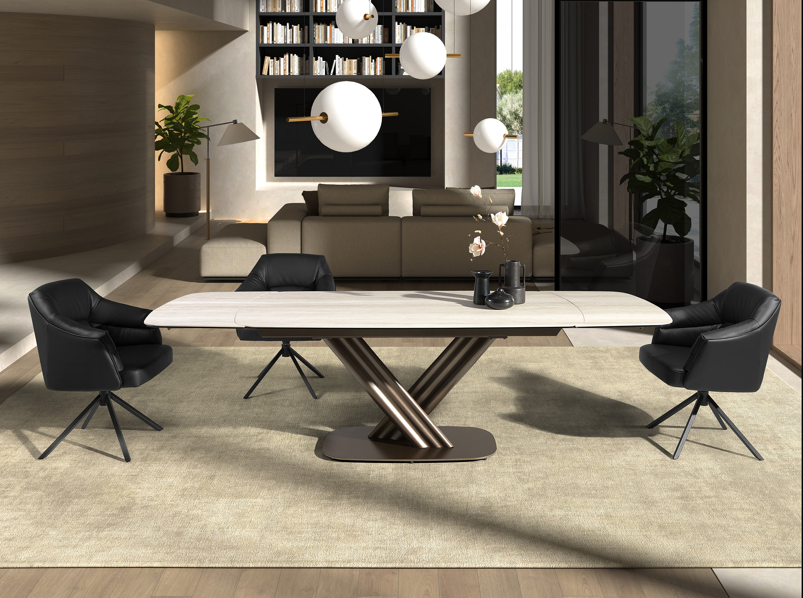 Mesa comedor extensible ovalada barril mármol porcelánico y acero color marrón oscuro metalizado Mesa comedor extensible ovalada barril mármol porcelánico y acero color marrón oscuro metalizado