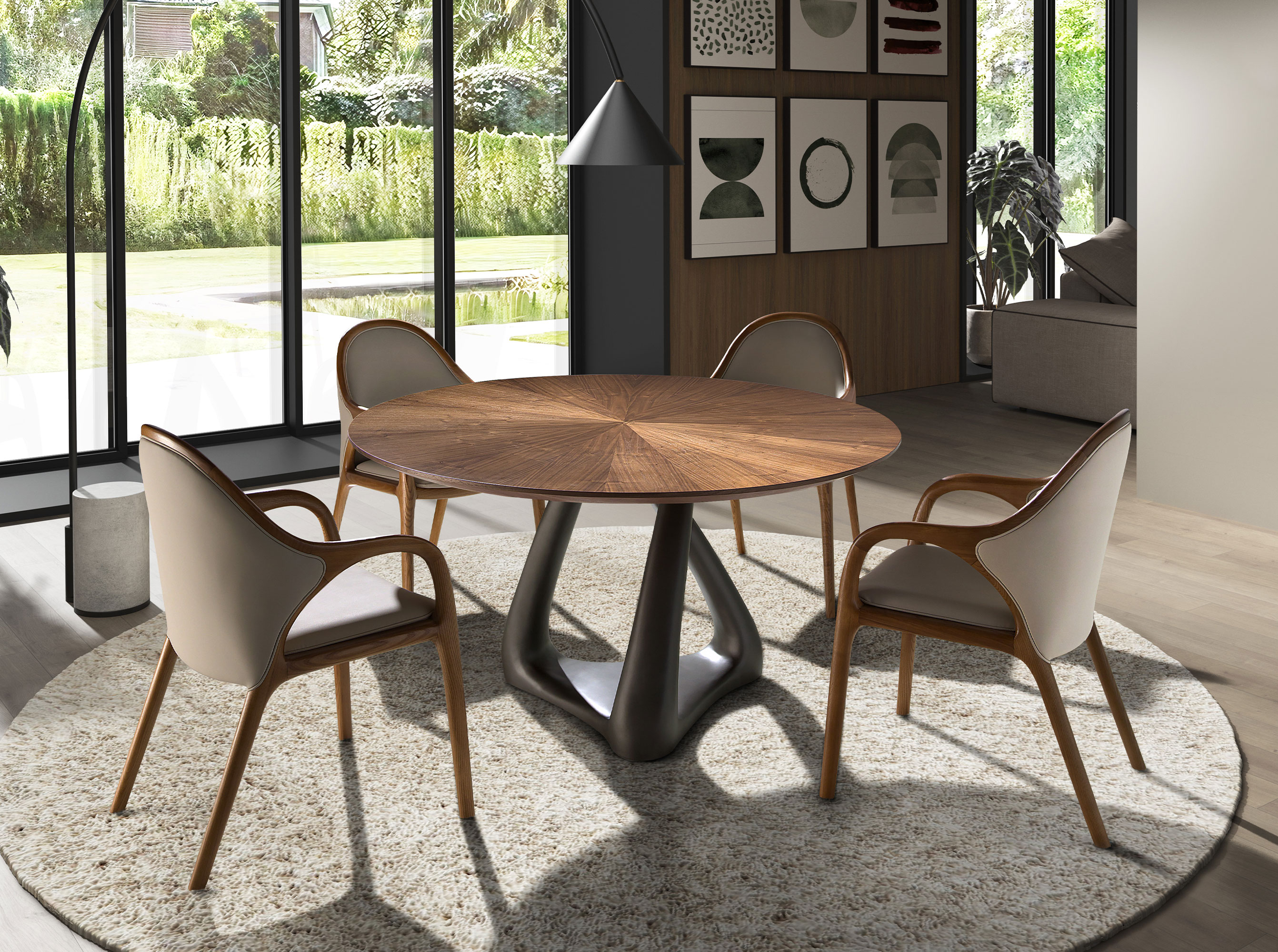 Mesa comedor redonda nogal y fibra vidrio gris oscuro metal Mesa comedor redonda nogal y fibra vidrio gris oscuro metal