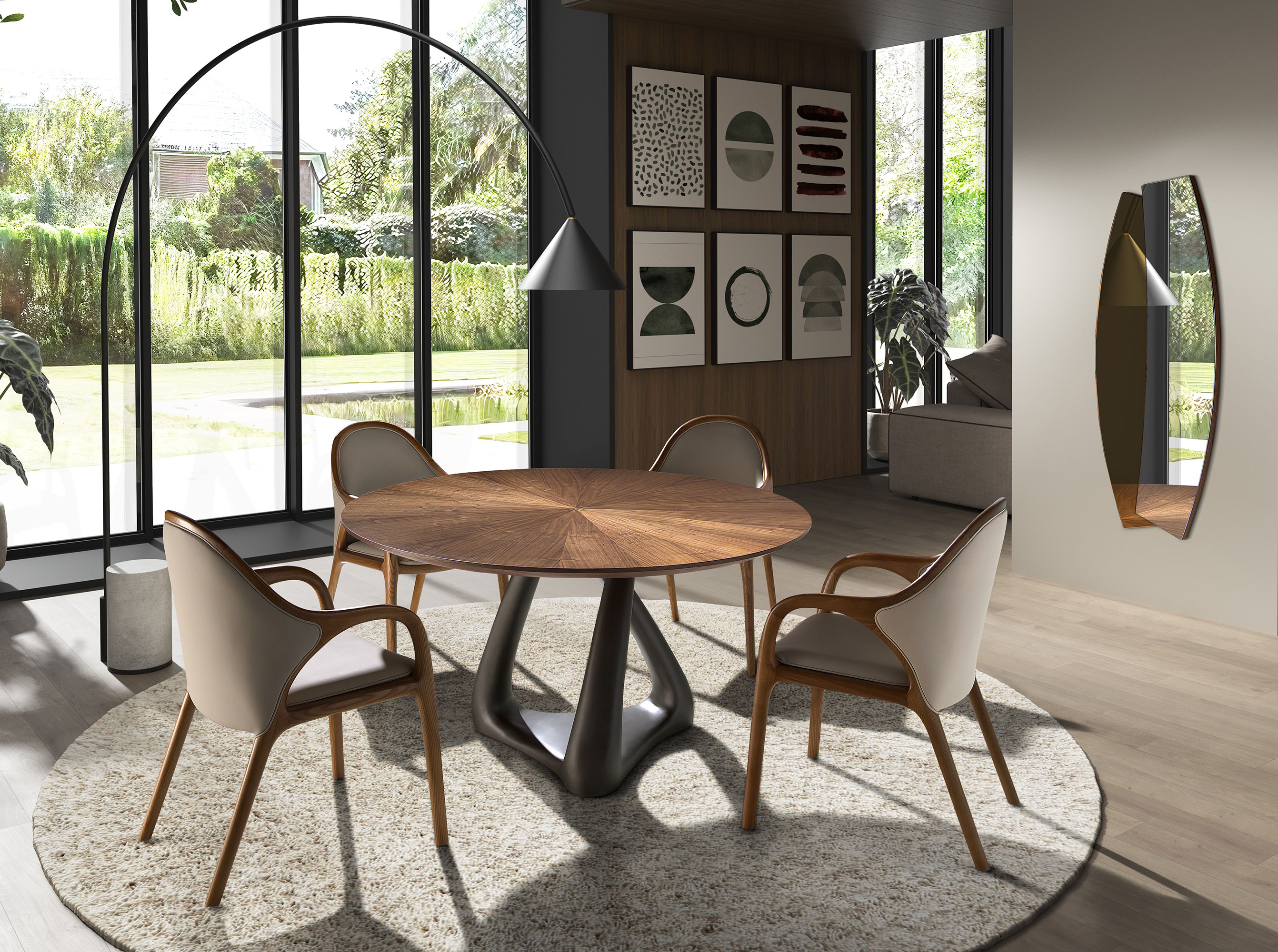 Mesa comedor redonda nogal y fibra vidrio gris oscuro metal Mesa comedor redonda nogal y fibra vidrio gris oscuro metal