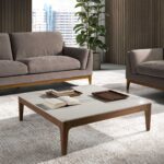 Square coffee table in marble imitation glass and Walnut wood