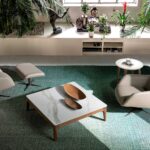 Square coffee table in marble imitation glass and Walnut wood