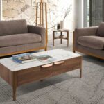 Rectangular glass coffee table imitating marble and walnut