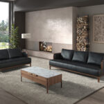 Rectangular glass coffee table imitating marble and walnut