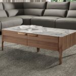 Rectangular glass coffee table imitating marble and walnut