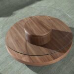 Table basse ronde en verre trempé et bois de noyer