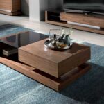 Couchtisch aus Walnussholz und schwarzes Buntglas mit Schublade
