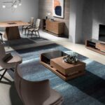 Couchtisch aus Walnussholz und schwarzes Buntglas mit Schublade