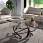 Mesa centro redonda de cristal templado y madera maciza color Nogal