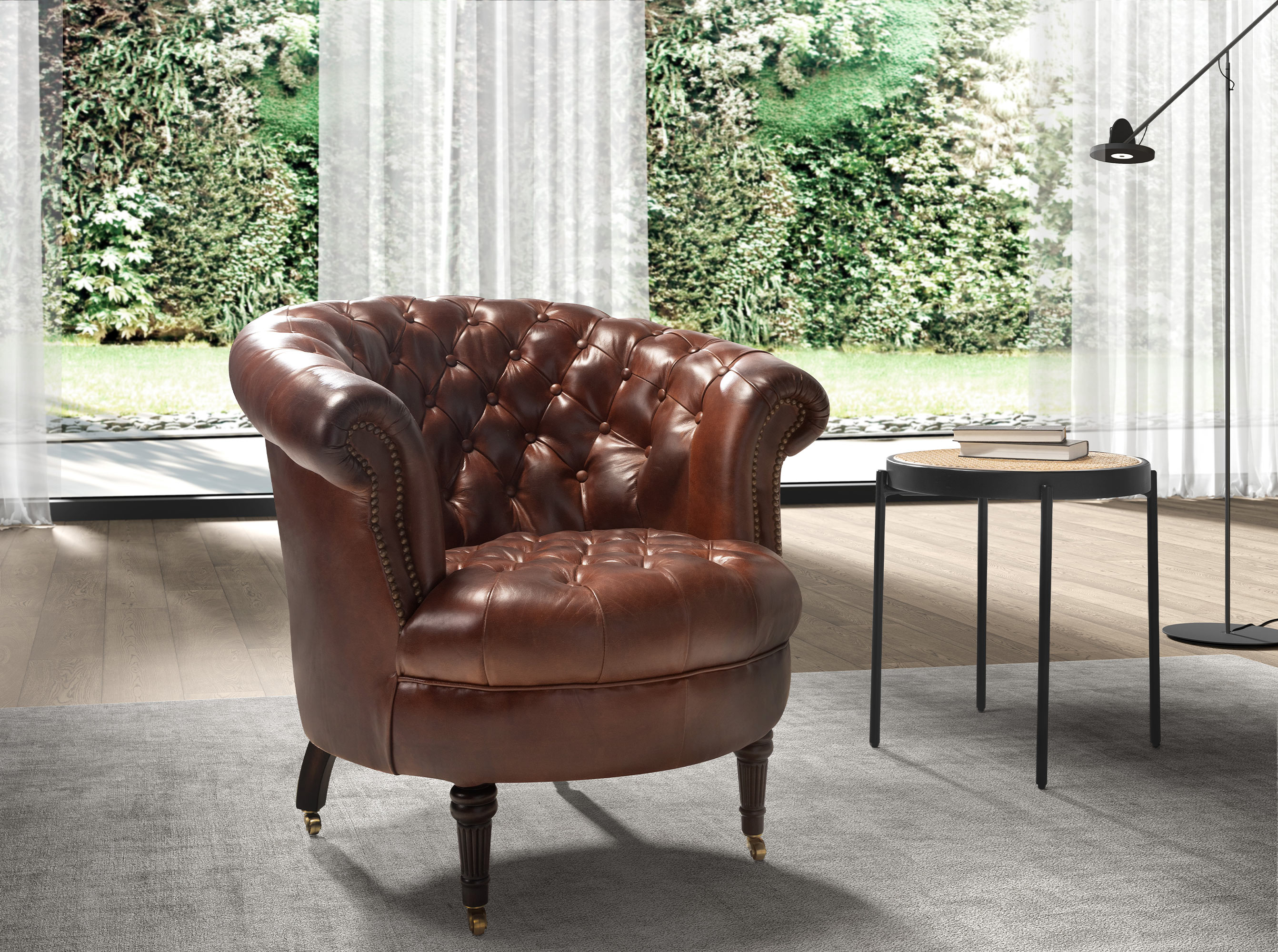 Round corner table in rattan and black steel Round corner table in rattan and black steel
