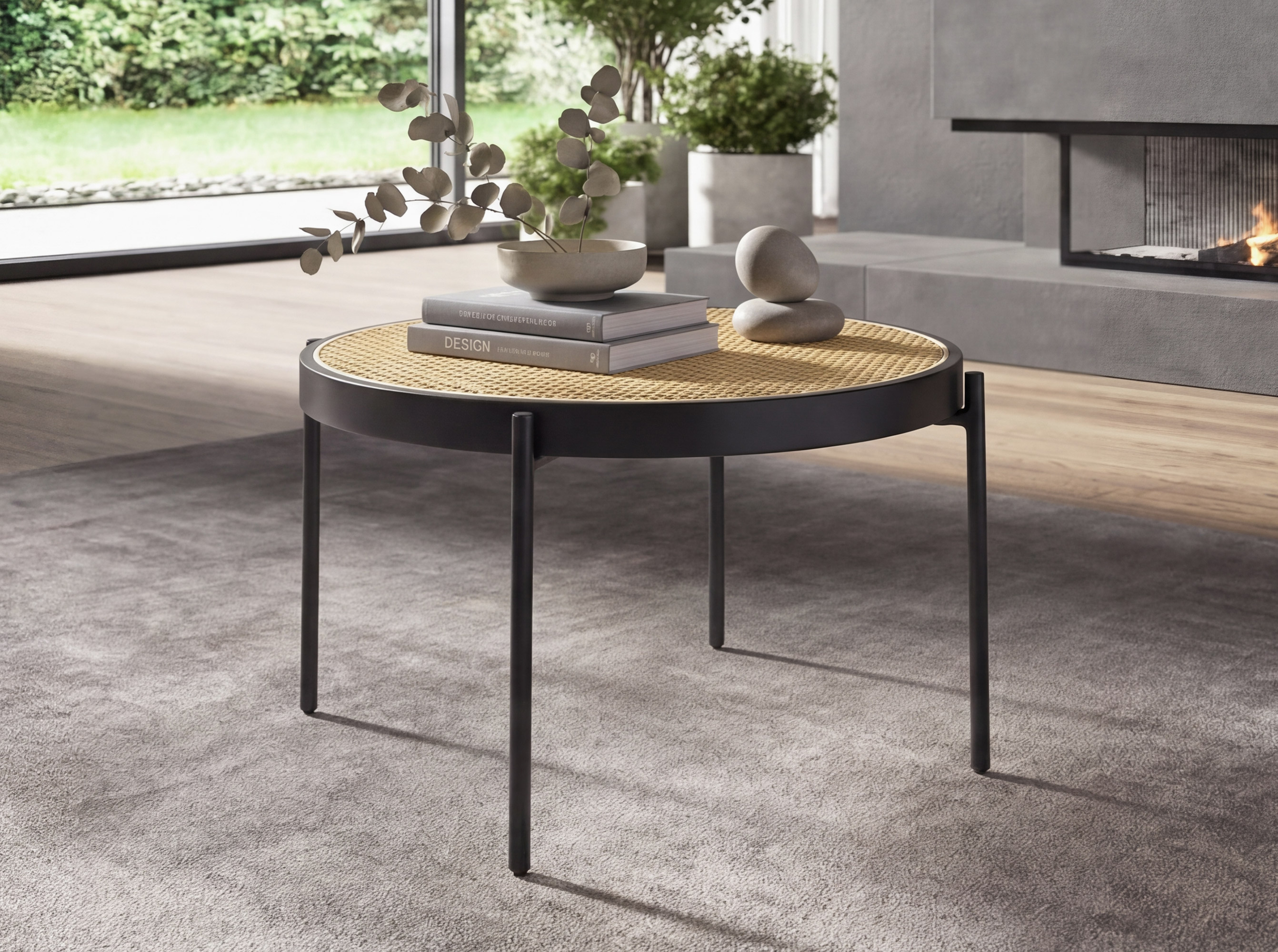Round coffee table in rattan and black steel Round coffee table in rattan and black steel