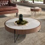 Round coffee table in porcelain marble, walnut and black steel