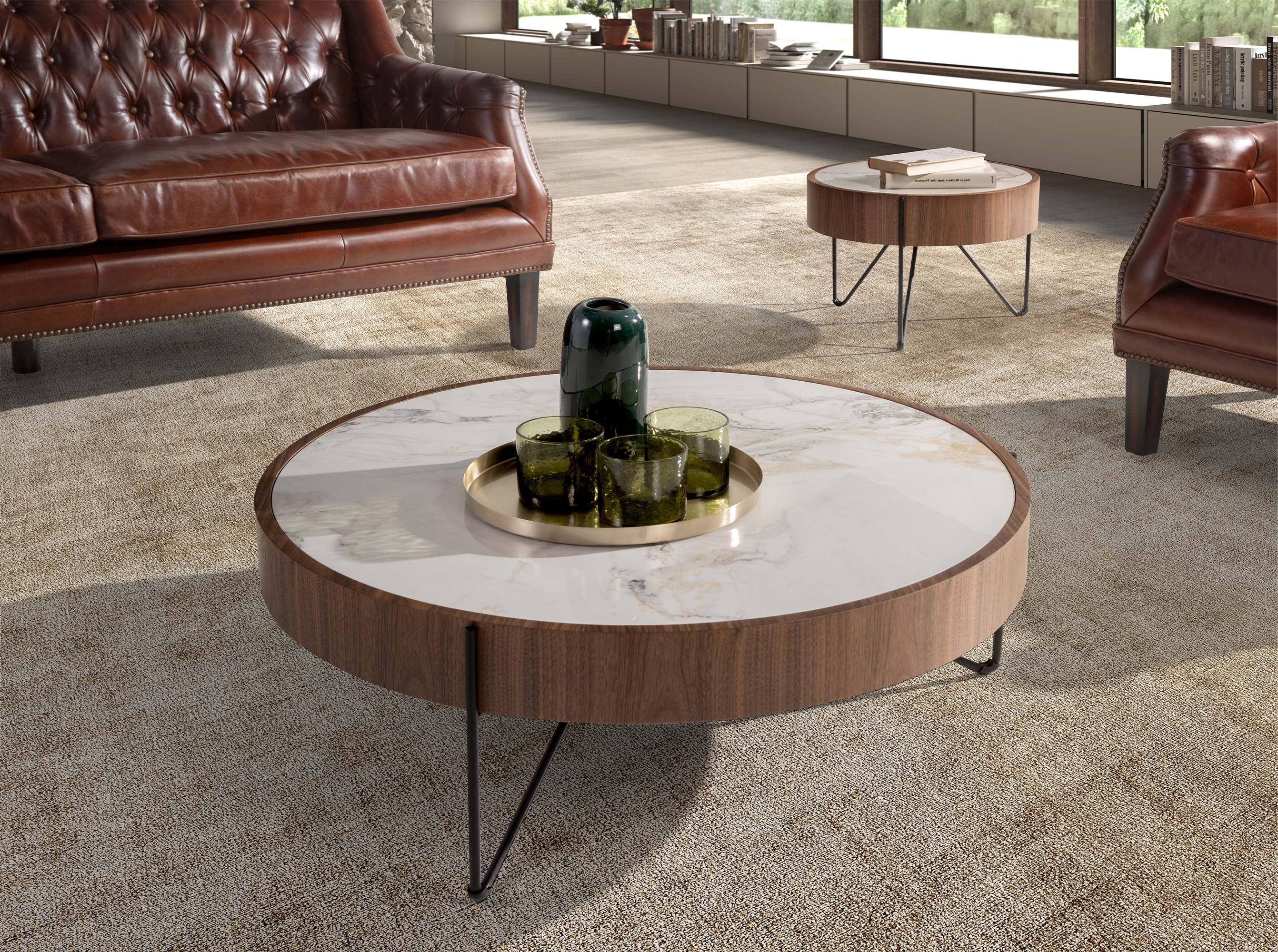 Round coffee table in porcelain marble, walnut and black steel Round coffee table in porcelain marble, walnut and black steel